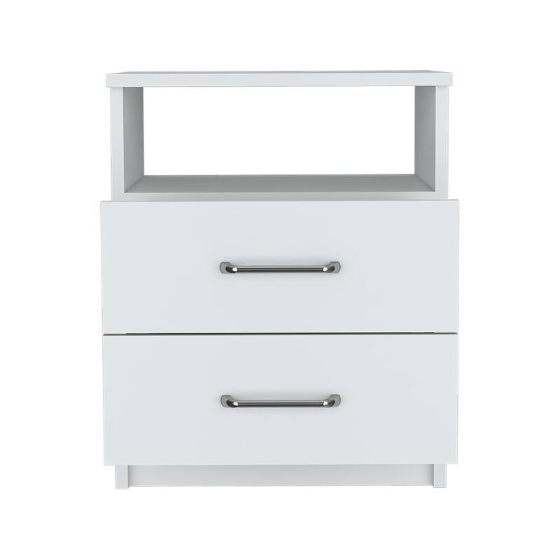 White Nightstand with Two Drawers and One Open Shelf
