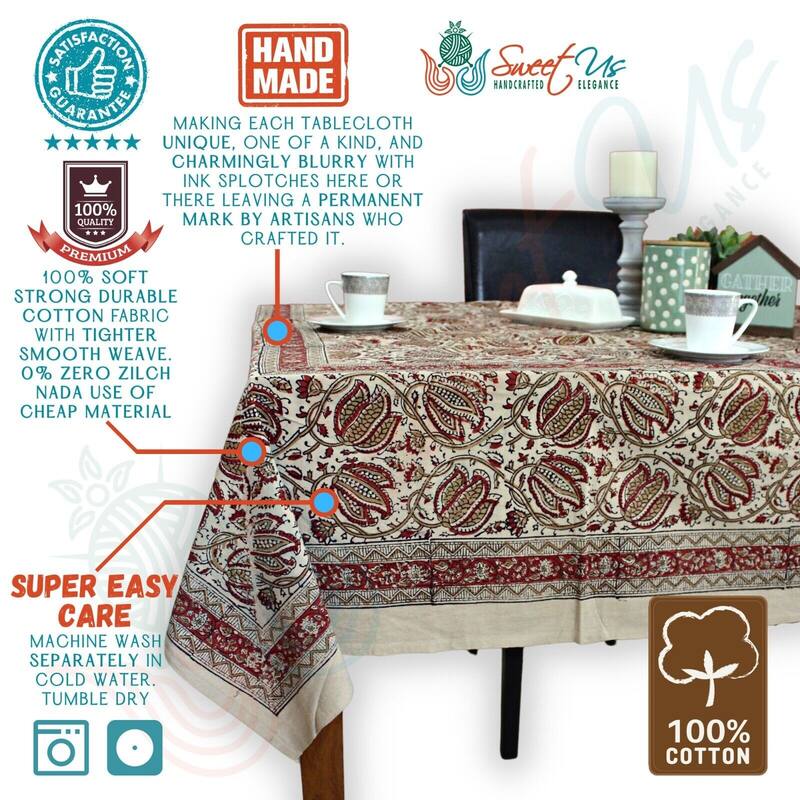 Cotton Vegetable Dye Block Print Rustic Vintage Floral Tablecloth