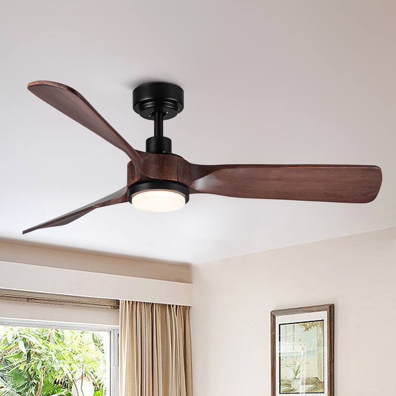 52In. Farmhouse Indoor Flush Mount Low Profile Ceiling Fan with Solid Wood Blades - 52 INCHES