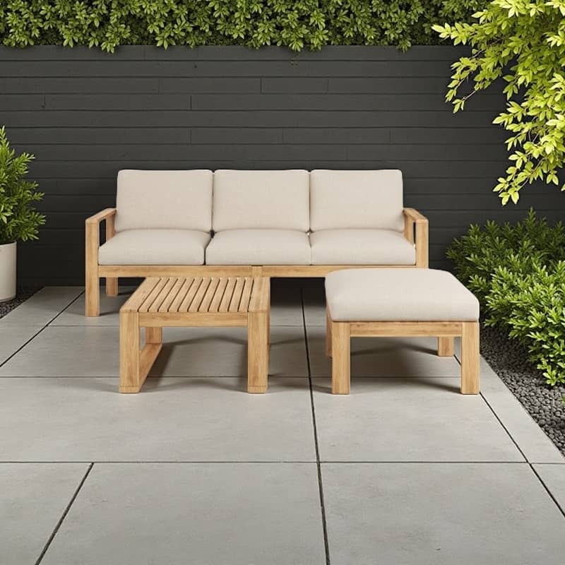 3-Piece Acacia Wood Outdoor Sectional Sofa Set with Water-Resistant Cushions for Patio, Garden, or Balcony - Light Gray,Teak