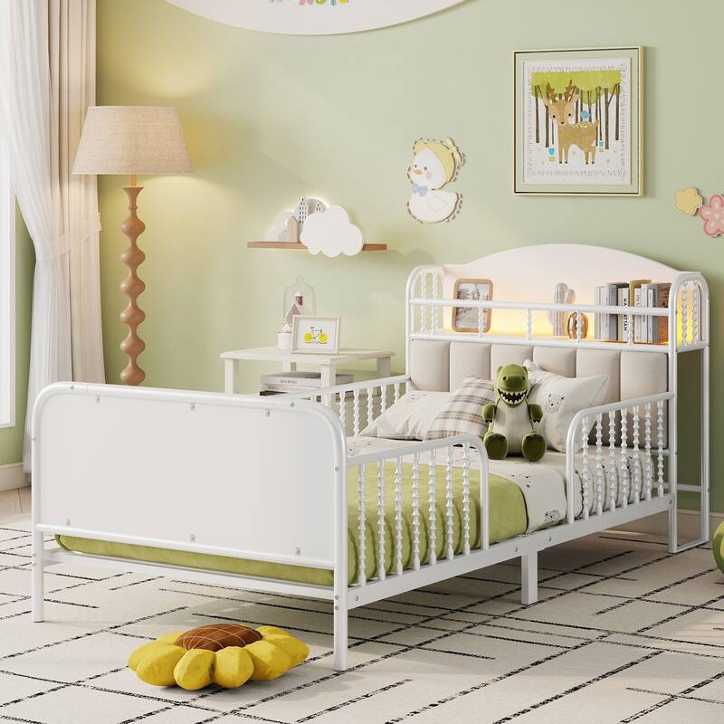 Kids Platform Bed Metal Frame with Linen Fabric Upholstered Storage Headboard Built-in Light Strip, Both Sides Rails
