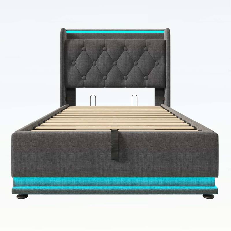 Classic Upholstered Bed with 360 LED Lighting,Hydraulic Storage,and USB Charging