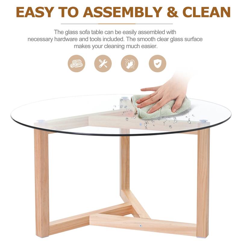 Round Coffee Table with with Tempered Glass Top & Sturdy Wood Base Side Table Modern End Table