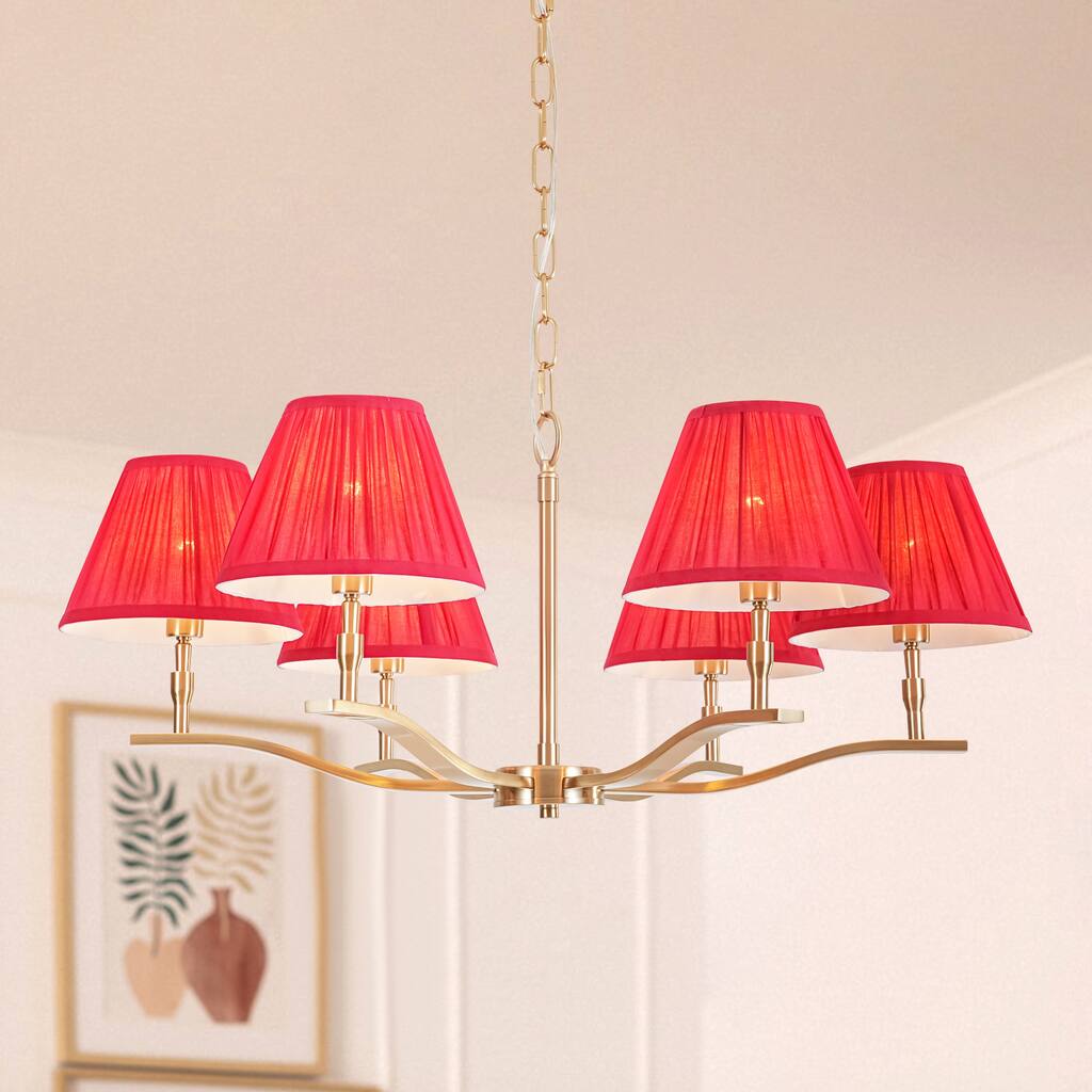 31.5" W Mid-Century Traditional Brass Finish Dimmbale Chandelier with Red Pleated Fabric Shades for Living & Dining Room