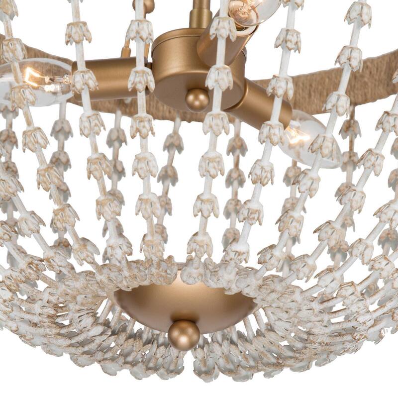 Farmhouse Metal Boho Beaded 3-Light Cage Chandelier Island Lights for Foyer Entry Dining Space - Dia. 17" x H 28.5"
