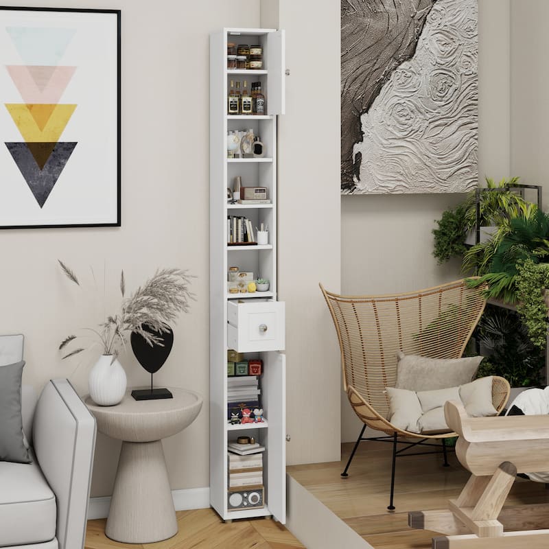 Slim Bathroom Storage Cabinet, Freestanding Narrow Floor Cabinet, Bathroom Cabinet with 1 Drawer, 2 Doors & Adjustable Shelves
