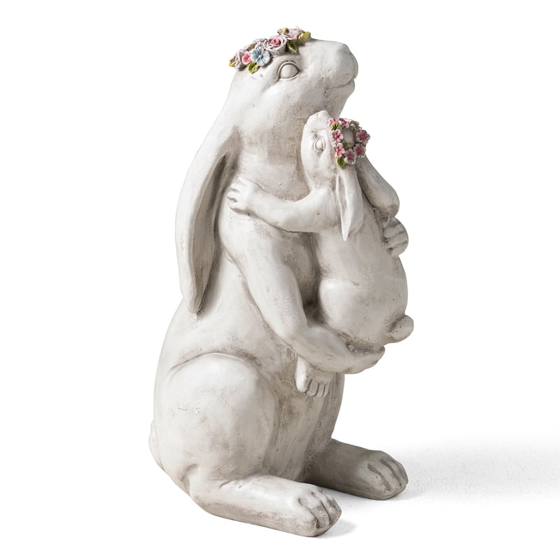 Glitzhome MGO Cute Sitting Bunny Hugging Mom and Baby Rabbit Garden Statue Indoor Outdoor Decoration