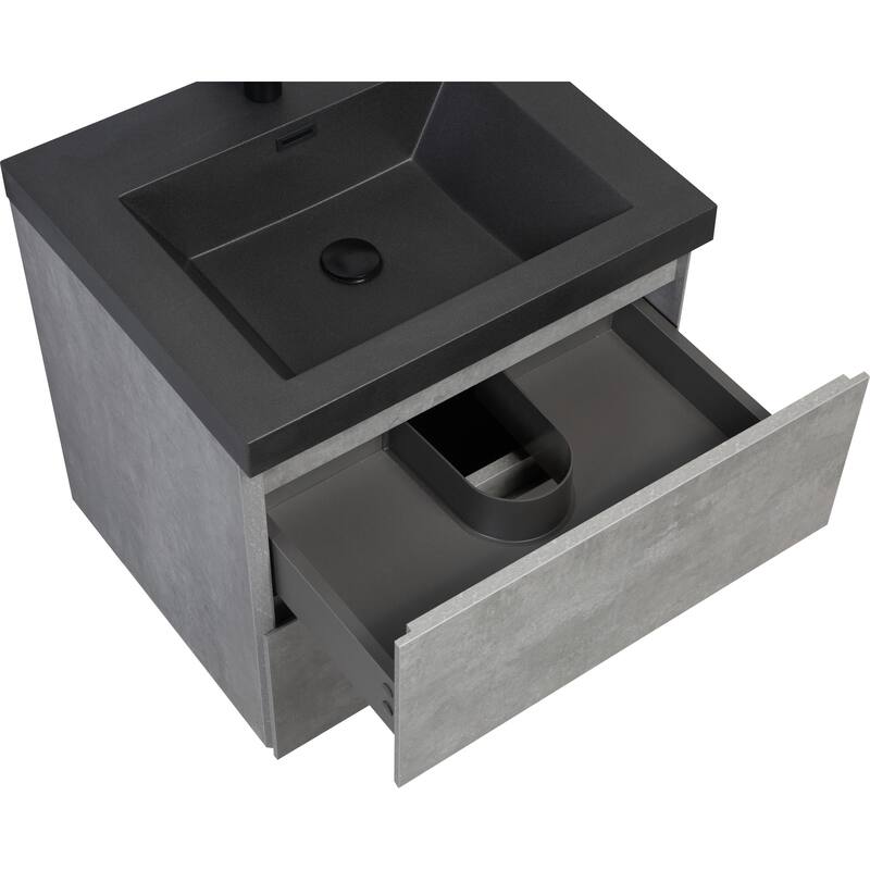 36" Wall-Mounted Floating Vanity with Premium Quartz Sand Basin, Grey Modern Storage Cabinet