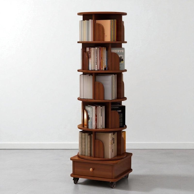 6-Tier Rotating Bookshelf with Wheels, Light Brown Corner Bookcase Organizer for Small Spaces, Stackable MDF Shelf