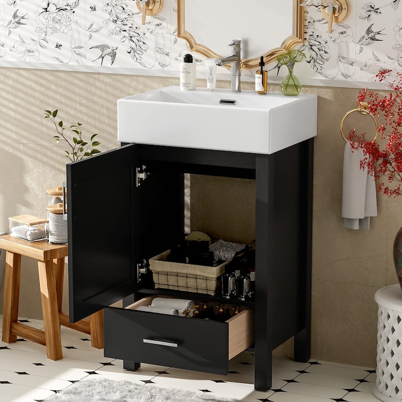 Minimalist Design Storage Cabinet Bathroom Vanity with Drop-In Ceramic Sink, Drawer, Silver Metal Handles and Plastic Feet Pads