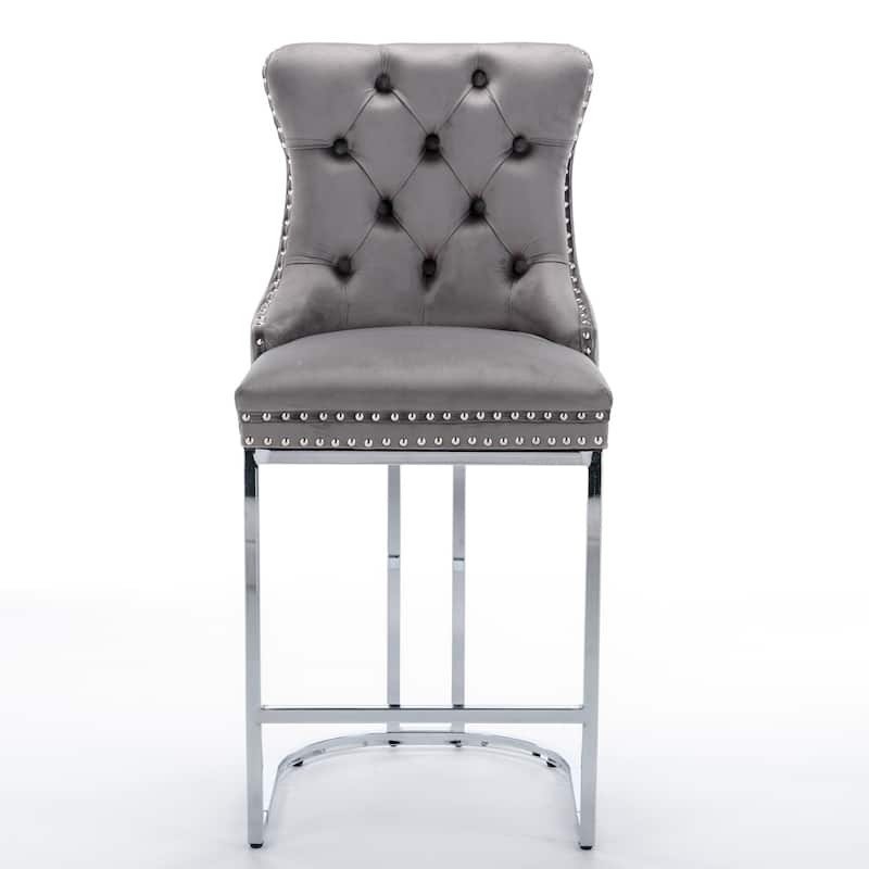 Counter Height Bar Stools Set of 2, Velvet Upholstered Accent Chairs with Button Back, Rivet Trim and Chromed Metal Base Legs