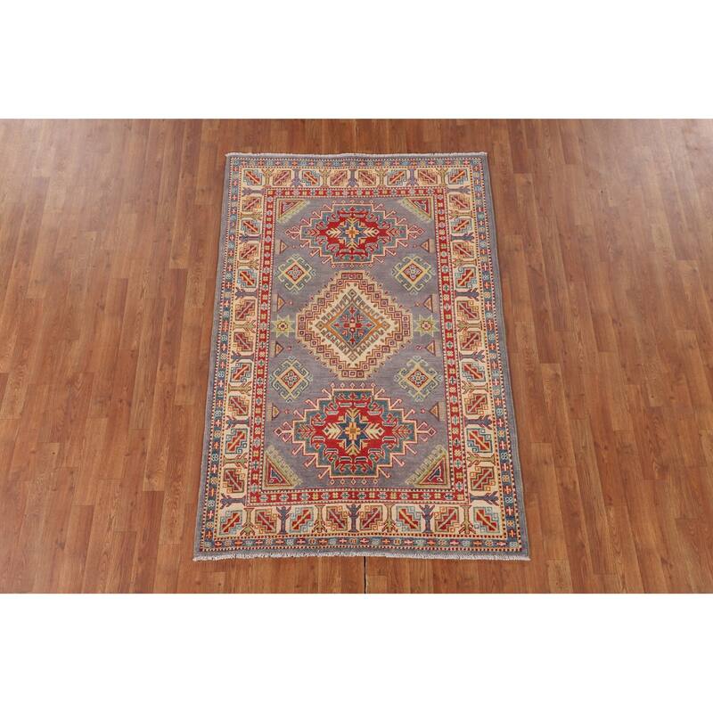 Grey Geometric Kazak Area Rug Handmade Oriental Wool Carpet - 4'1" x 6'2"