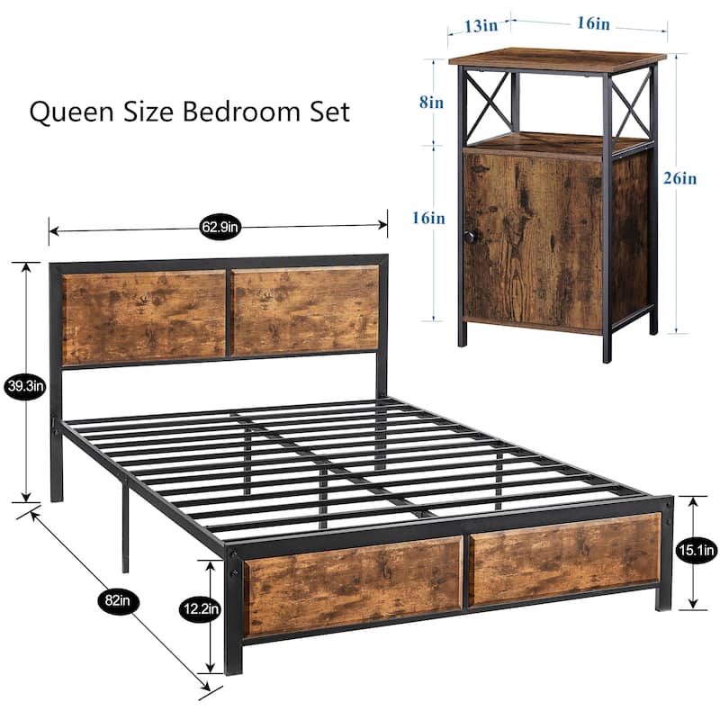 Javlergo Industrial 3-Piece Bedroom Set with Platform Bed Frame and Set of 2 Nightstands, Brown