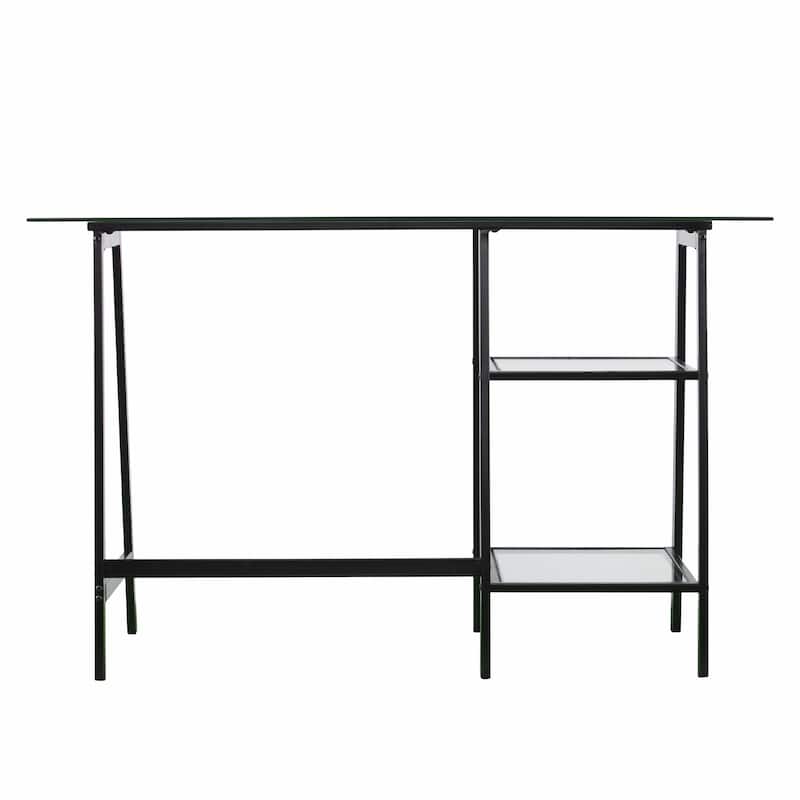 Clear Glass Black Metal Writing Desk with Shelves and Rectangular Desk