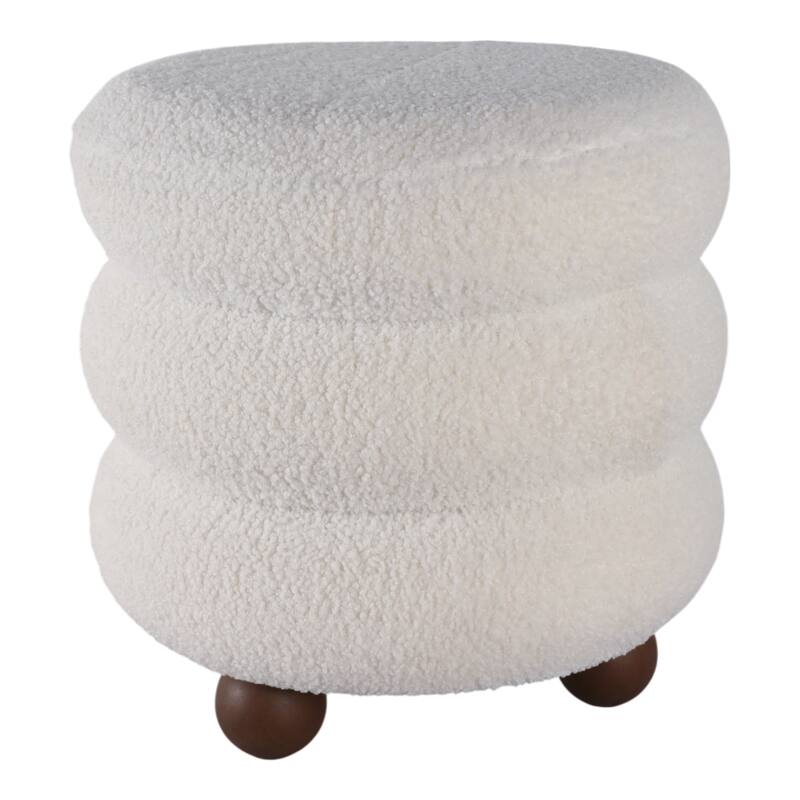 Decorative Round Ottoman with Ribbed Design and Ball Feet- 18", Ivory