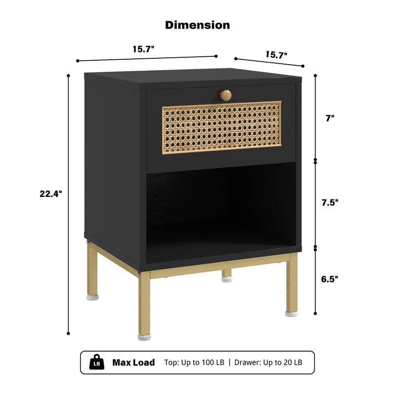 Rattan End Table/ Nightstand with Drawer, Farmhouse Boho Bed Side Table