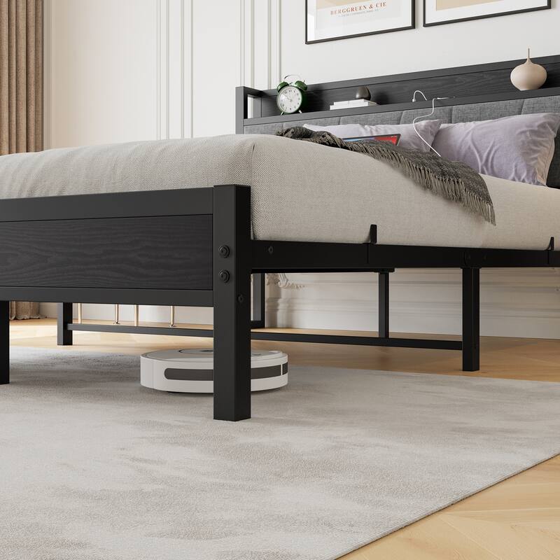 Queen Size Bed Frame,Storage Headboard with Charging Station,Solid and Stable, Noise Free,No Box Spring Needed,Easy Assembly