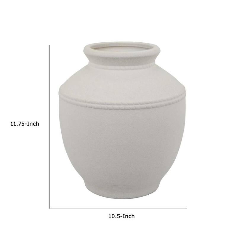 Samie Round Accent Vase, Rope-Like Details, White Ceramic 12 Inch
