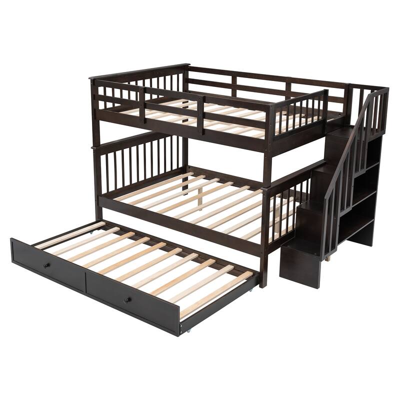 Stairway Full-Over-Full Bunk Bed with 1 Twin Trundle, 4 Open Shelves and Guard Rail