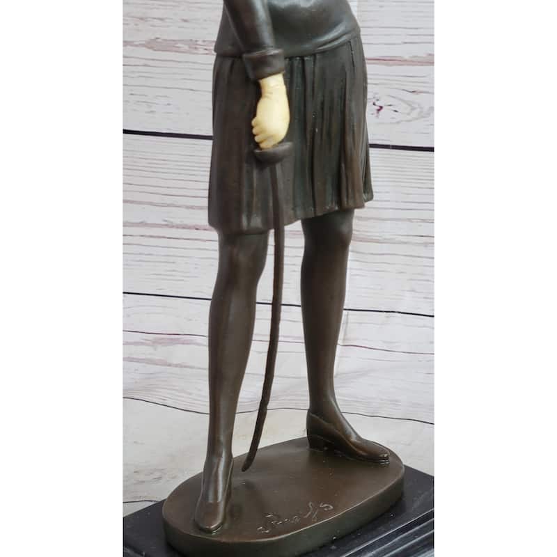 Hot Cast Bronze W/ Resin Head Hands - Female Fencer Sculpture On Marble Base