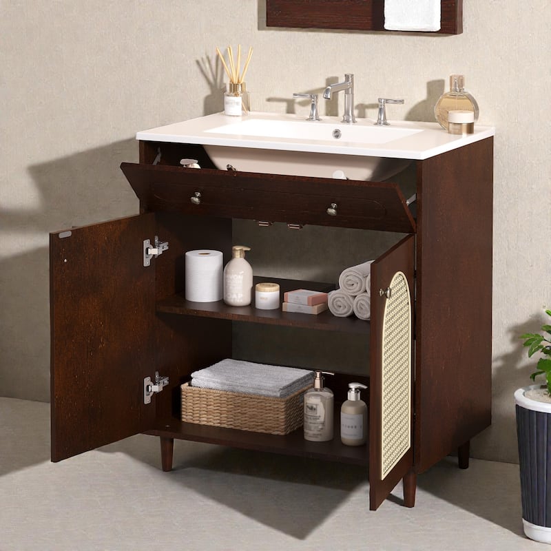 30 Inch Bathroom Vanity with Ceramic Sink, Solid Wood Frame Vanity Cabinet with Rattan Panels and Tip-Out Drawer