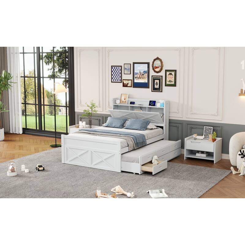 Full Size Wooden Storage Bed with Headboard Outlets, Extendable Trundle and Three Drawers, White