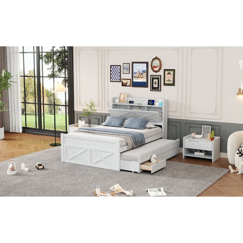 White Full Size Extendable Wooden Platform Bed with Storage Headboard, Three Drawers, and Trundle