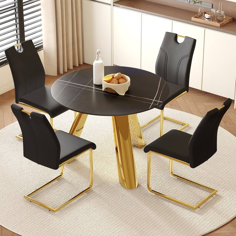 5-Piece Round Dining Table Set with Stain-Resistant Surface, PU Leather Chairs with C-shaped Bases, Scratch-resistant