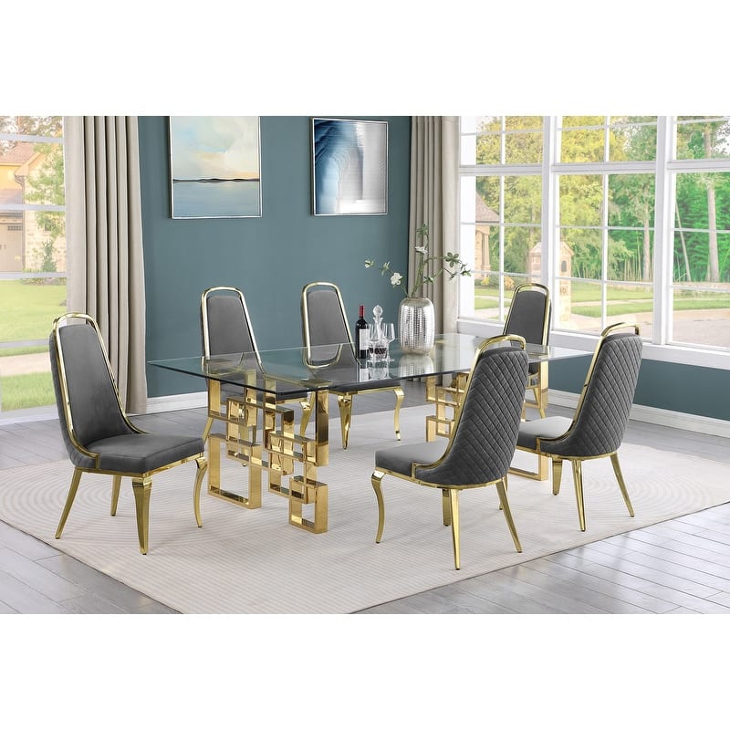 Best Quality Furniture Big Glass Table Dining Sets - 7pcs - Gold Chrome - Dark Gray 