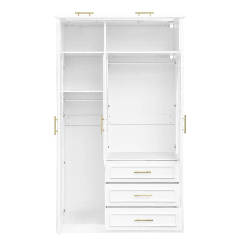 3 Door Wardrobe Built-in LED Light Clothes Storage Cabinet / 3 Drawers White Armoire Closet