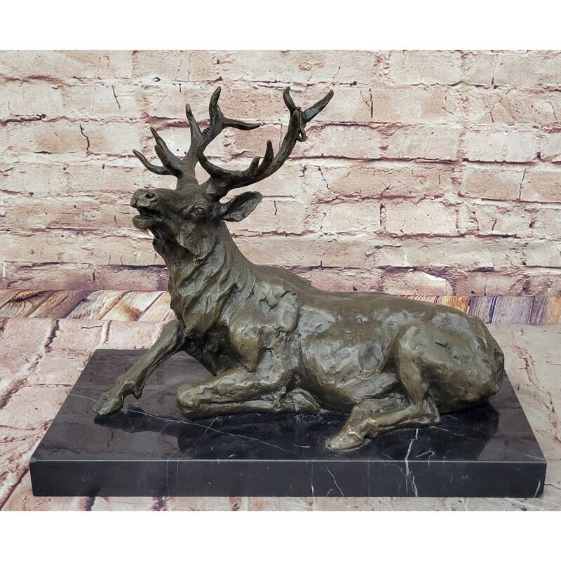 Stag Buck Elk Deer Laying Down - Bronze Wildlife Sculpture By Milo On Marble Base