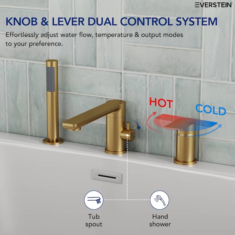 Modern Tub Filler with Hand Sprayer Deck Mount Tub Faucet with Hand Shower 3 Holes Bathtub Faucet Brass