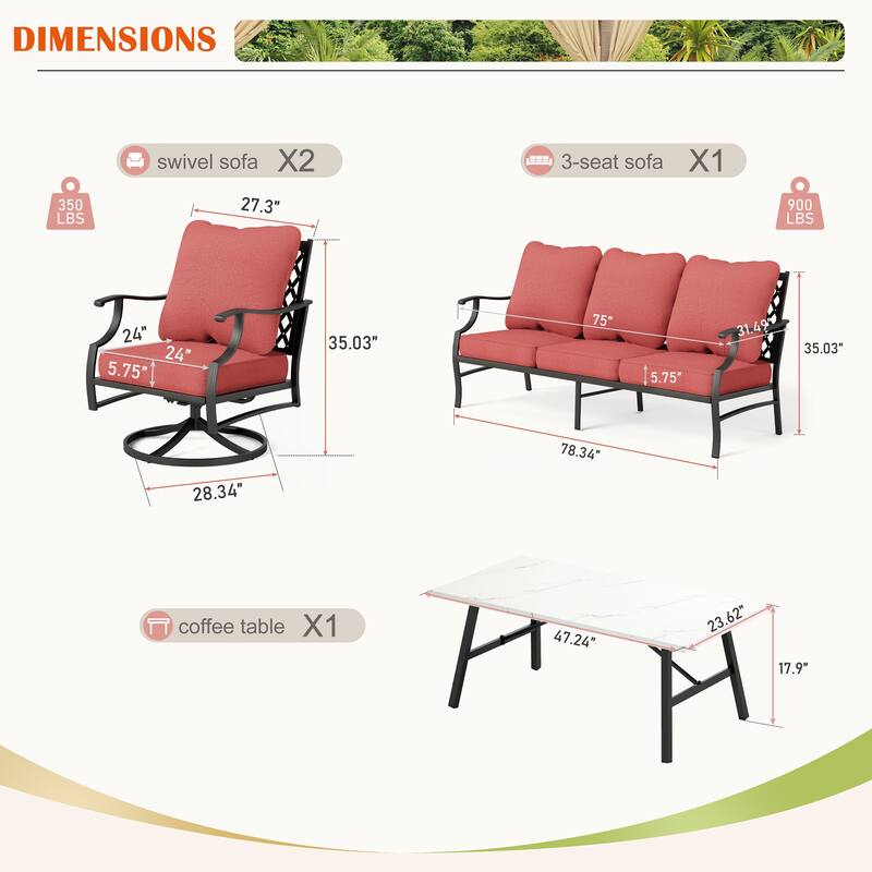 MAISON ARTS 4/5-Piece Patio Conversation Sets, Sofa Set with 2 xSingle Sofa Chairs, 1 x 3-seater Sofa and Coffee Table/Ottomans