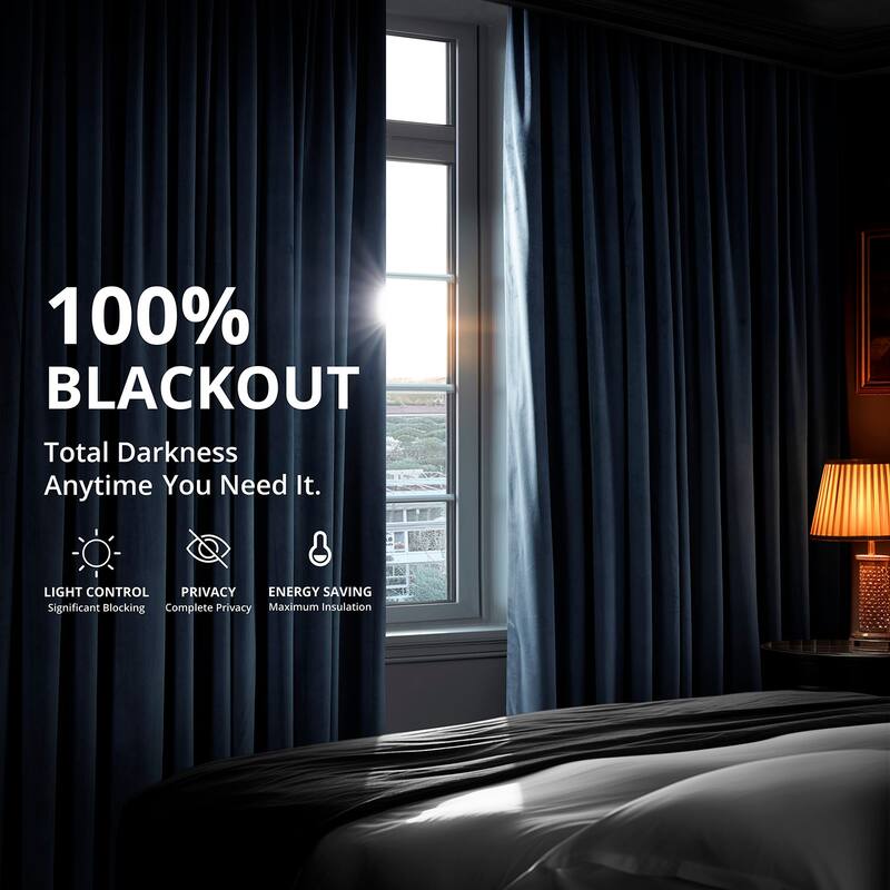 Exclusive Fabrics Signature Extra Wide Midnight Blue Velvet Blackout Curtain (1 Panel) - Luxurious Blackout Drapery