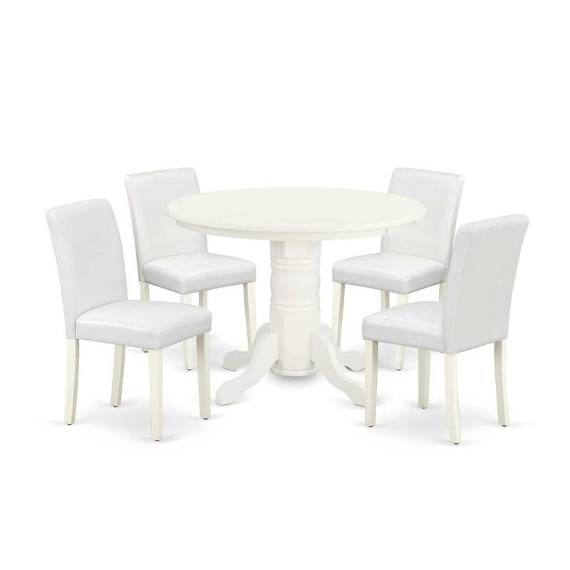 HomeStock 5-Piece Round Linen White Finish Solid Wood Top Dining Table with 4-Parson Chair with Lattice Back