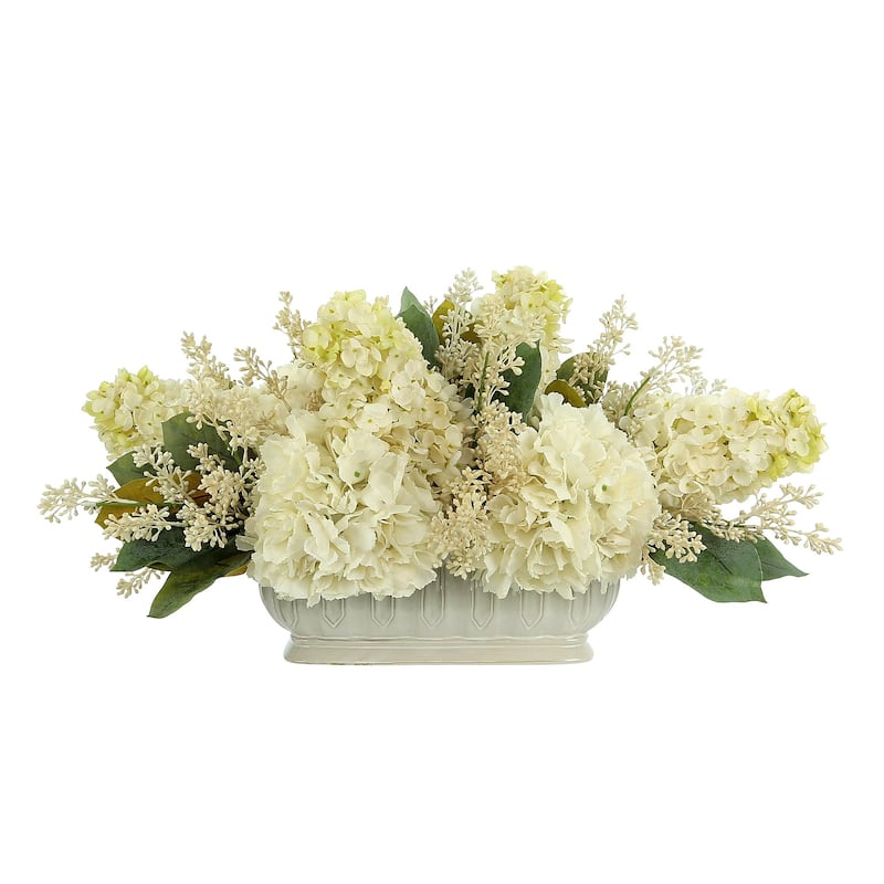 Assorted Hydrangea and Seeded Eucalyptus Arrangement in Oblong Ceramic Planter - Cream, White