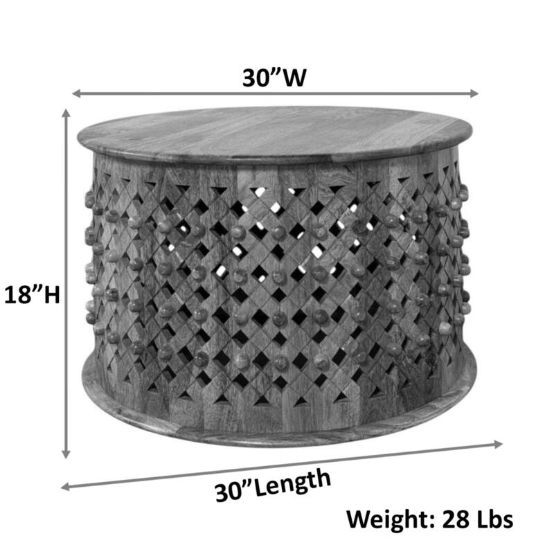Lattice 30" Round Artisan Coffee Table - Elegant Finish Intricate Carving Solid Wood Accent Table
