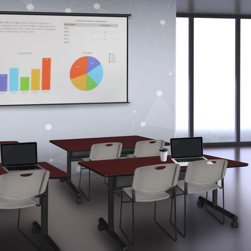 48" x 24" Flip Top Mobile Training Table with Modesty Panel- Mahogany and 2 Stack Chairs- Grey