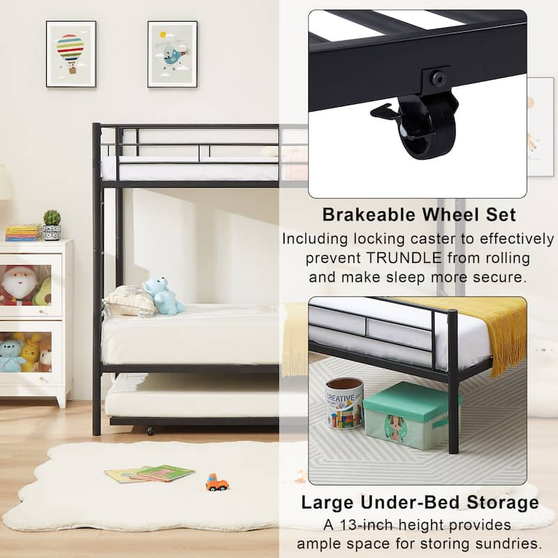 Twin Over Twin Bunk Bed with Trundle, Detachable Twin Bunk Beds w/ 2 Side Ladders & Full-Length Guardrails
