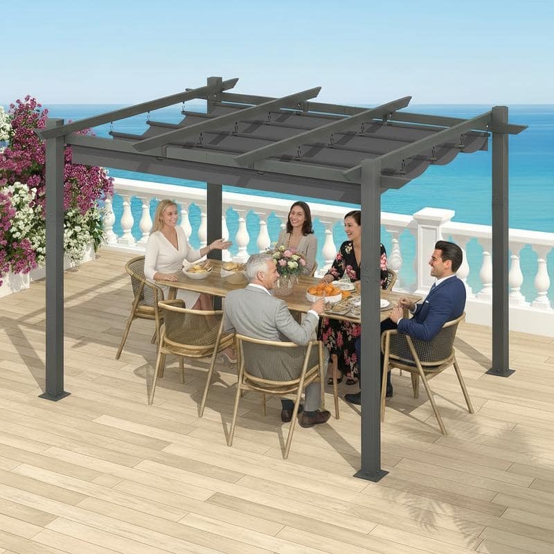 EROMMY 10' x 13' Outdoor Pergola with Retractable Canopy, Heavy-Duty Metal Frame and Adjustable Patio Shade Roof