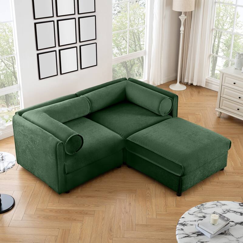 75.5" Chenille 2-Seater Sofa with Ottoman Storage & Cylindrical Backrest