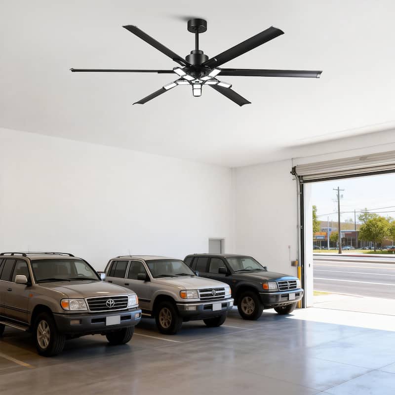 84" Industrial Matte Black Garage Large Ceiling Fan with Foldable LED Light and Remote