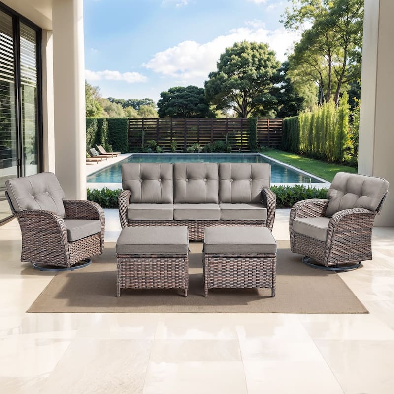 Pocassy Ooutdoor Patio Sofa Chairs Funiture Set - 5 Pieces w/ Ottoman - Brown Wicker & Gray cushion