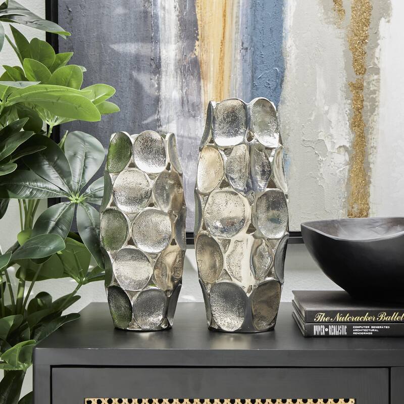 Aluminum Metal Geometric Open Framed Decorative Vase with Circular Plates - Set of 2 Gold or Silver - Roche River Decor