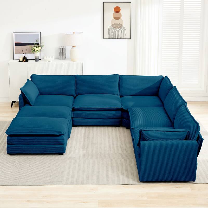 7-Seater Corduroy Sectional Sofa with 2 Removable Ottomans & Corner Seat, Soft & Comfortable - 5 Seats with 2 Ottoman