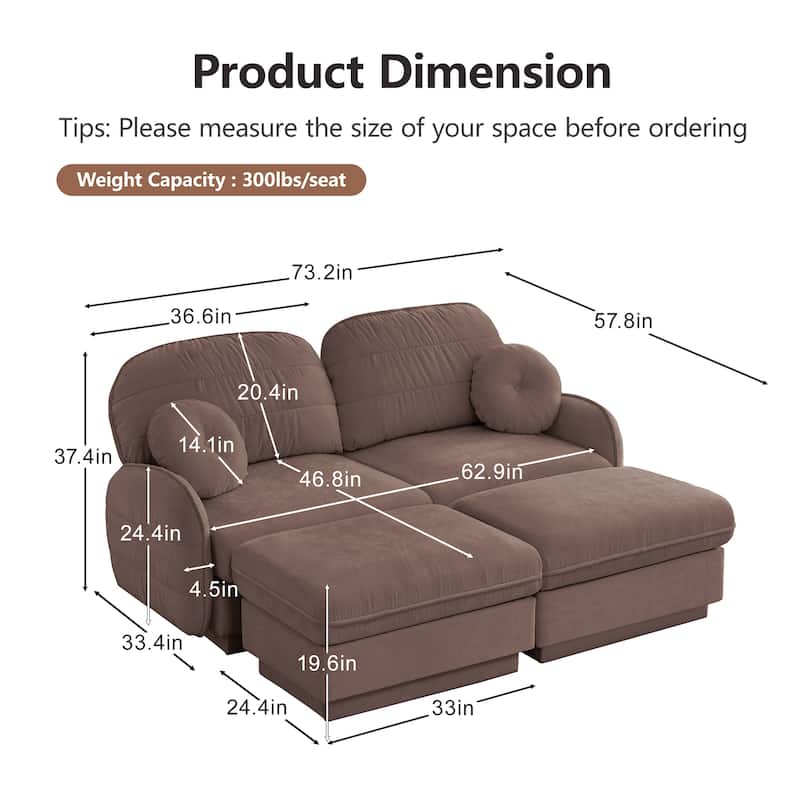 GDFStudio Sylvie Ashworth Chenille Cloud U-Shaped Loveseat Sofa with Movable Ottomans, Deep Seat