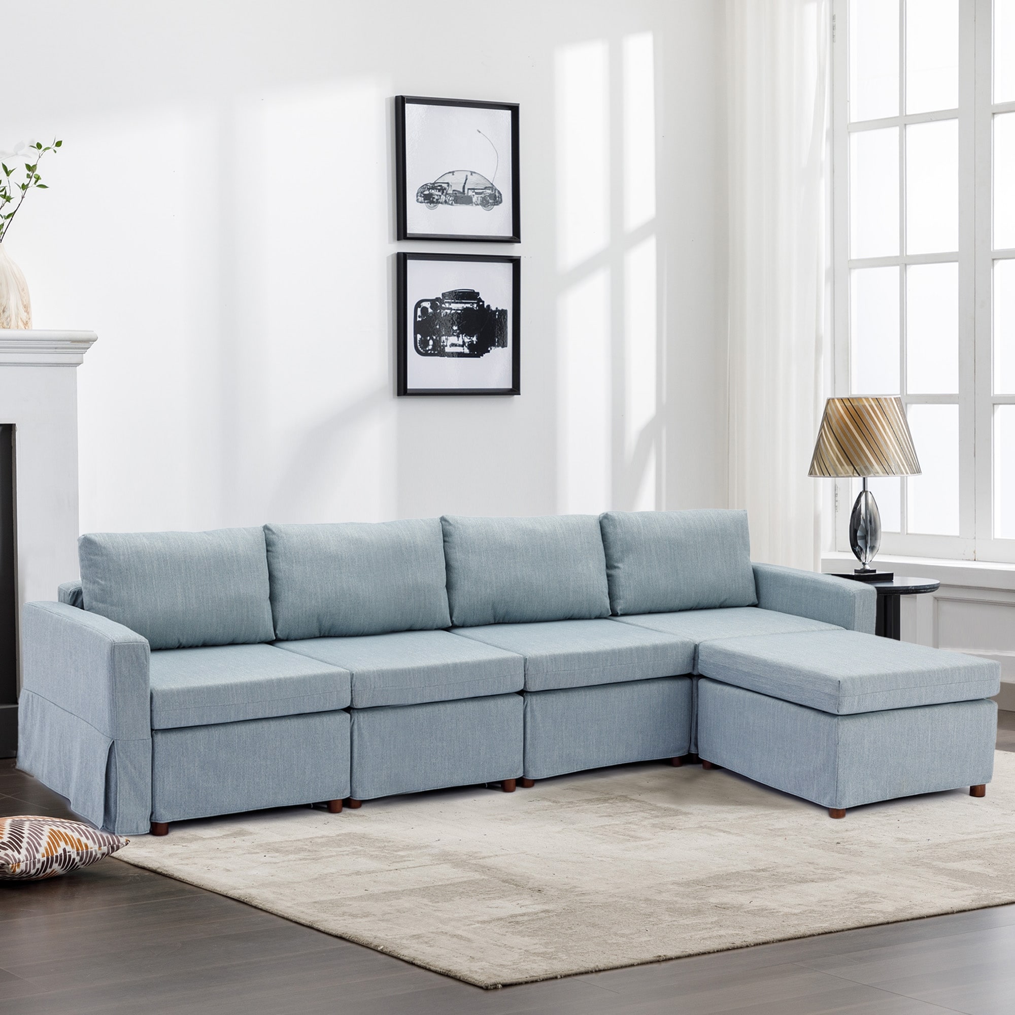 Light Blue Sponge Chaise Lounge Couch Linen Sectional Sofa Set