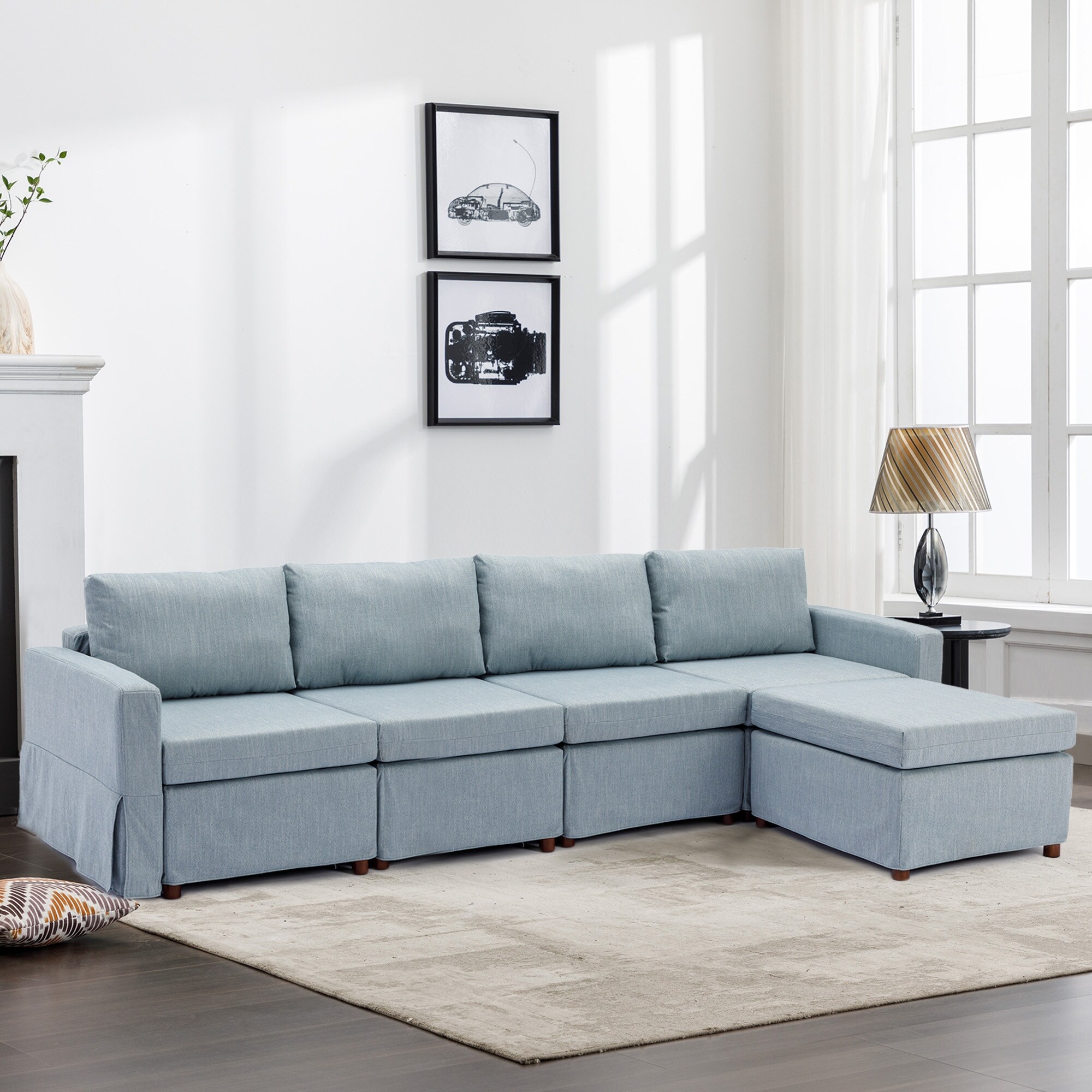 Square Armrest Module Sofa Set with Movable Sponge Ottomans for Small Space Modern Linen L shape Sectional Sofa Set LIGHT GREY Bed Bath Beyond 39134993