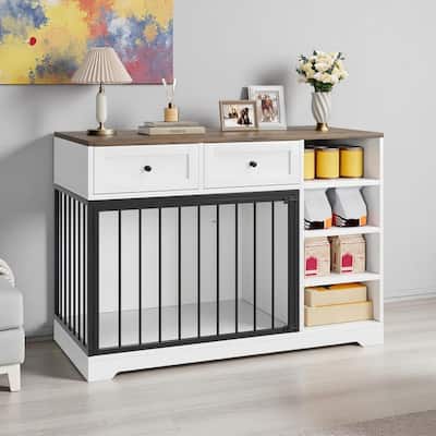 Wooden Dog Cage Furniture Indoor Crate Kennel TV Stand with Drawers Shelves