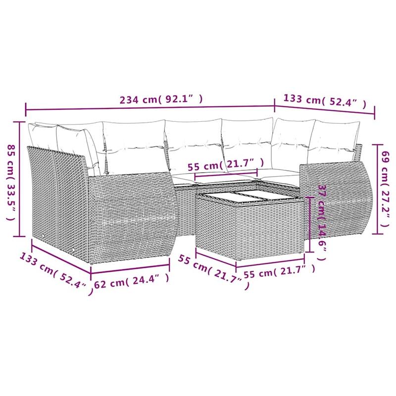 vidaXL 7 Piece Patio Sofa Set with Cushions Gray Poly Rattan - 98x27.2x98